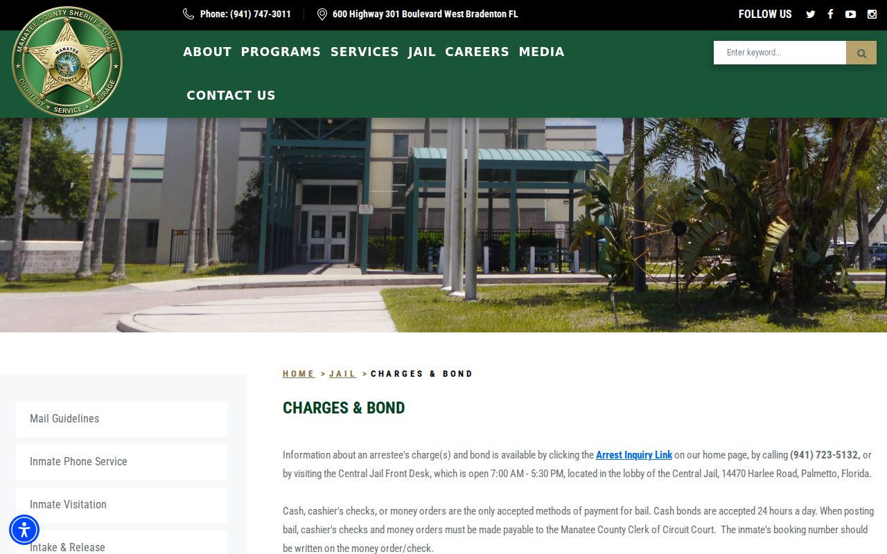 Manatee County jail charges and bond information page