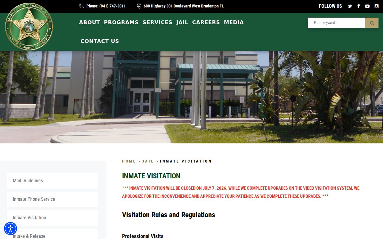Manatee County jail inmate visitation information page