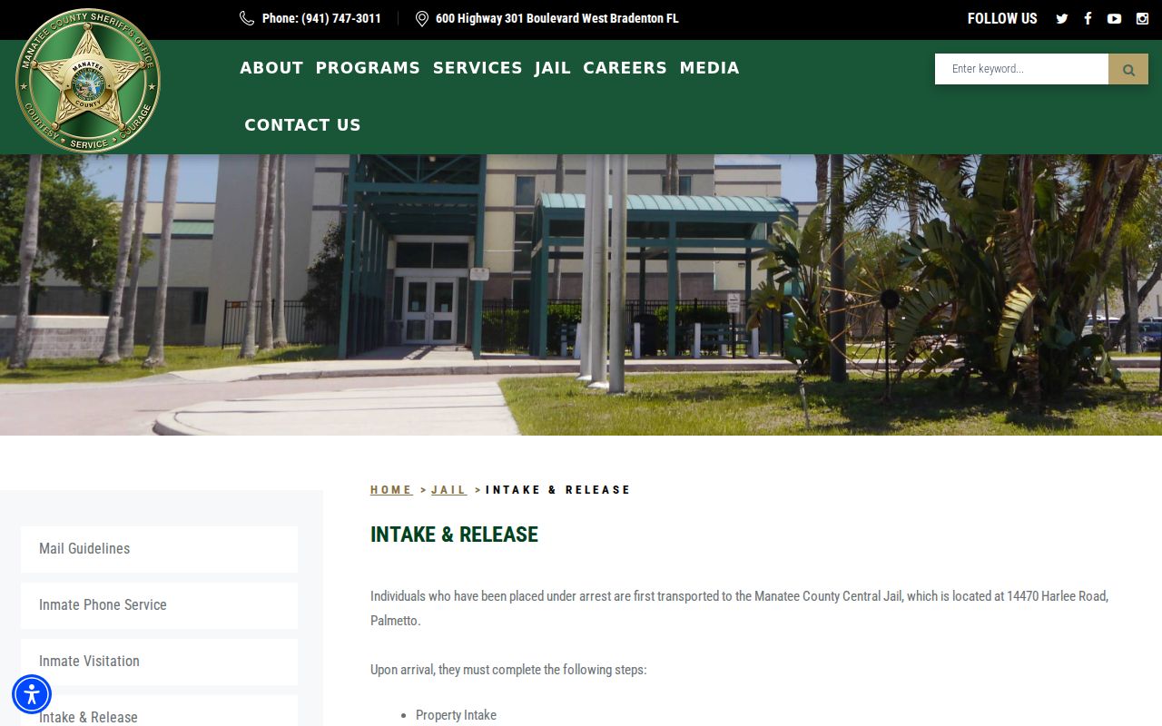 Manatee County jail intake and release information page
