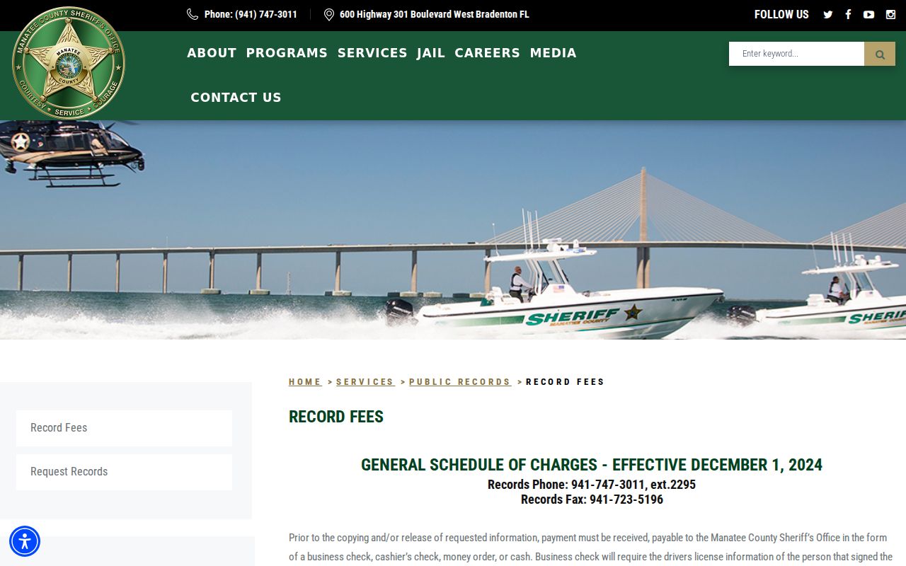 Manatee County Sheriff public records fee schedule