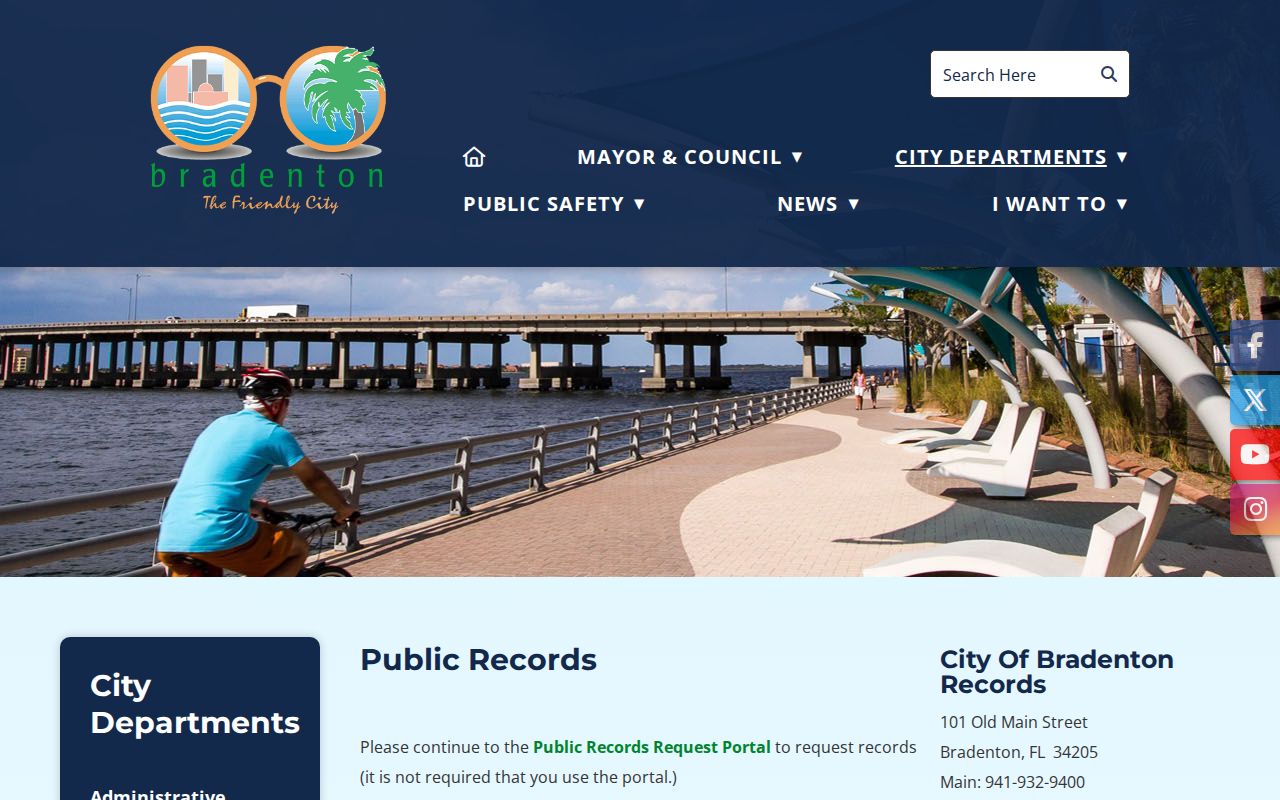Bradenton public records page distinguishing city records from Manatee court files