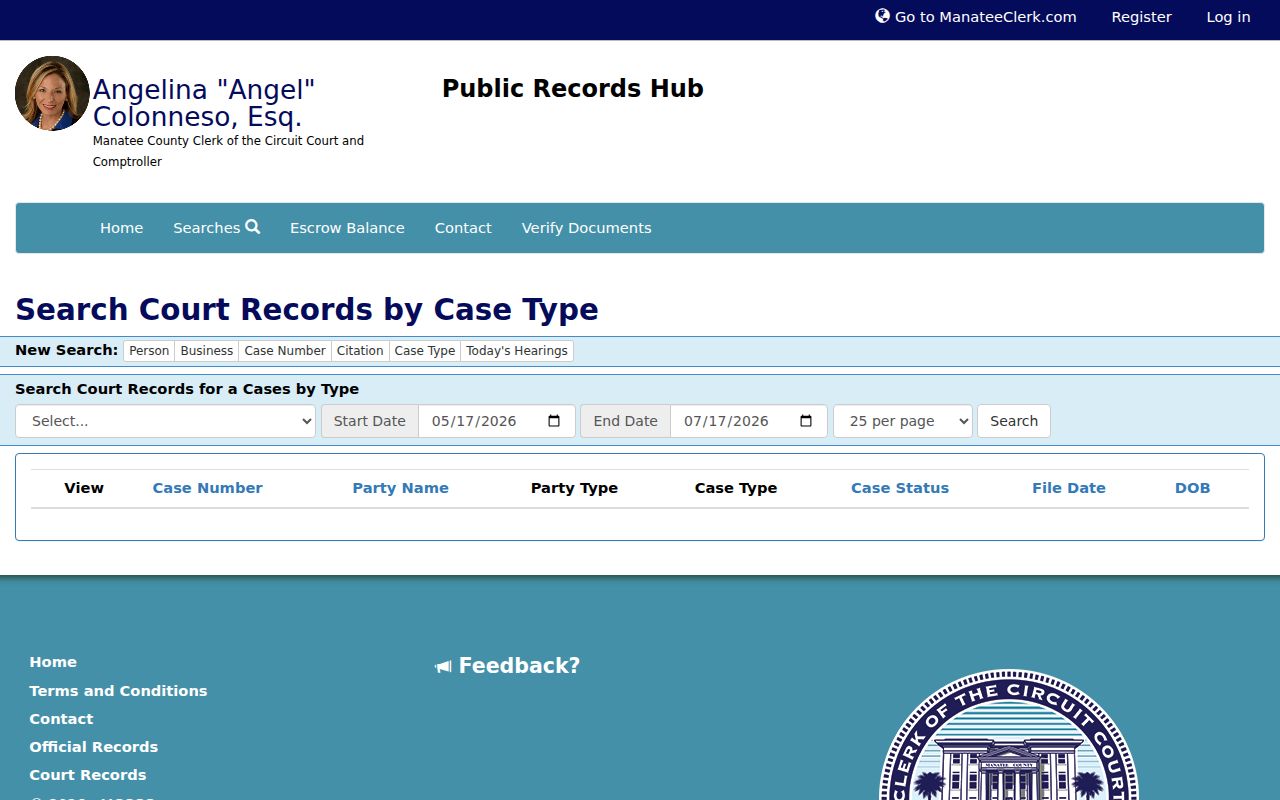 Manatee Clerk criminal court case type search controls