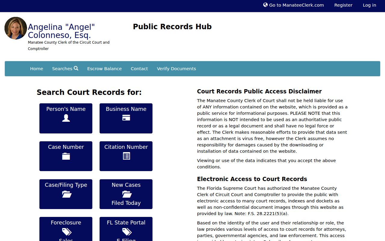Manatee Clerk court records search menu