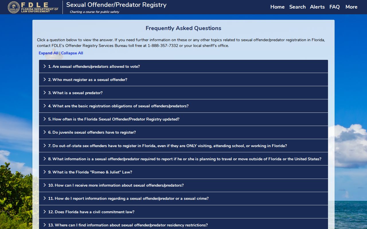 FDLE registry FAQ covering offender searches and alert options