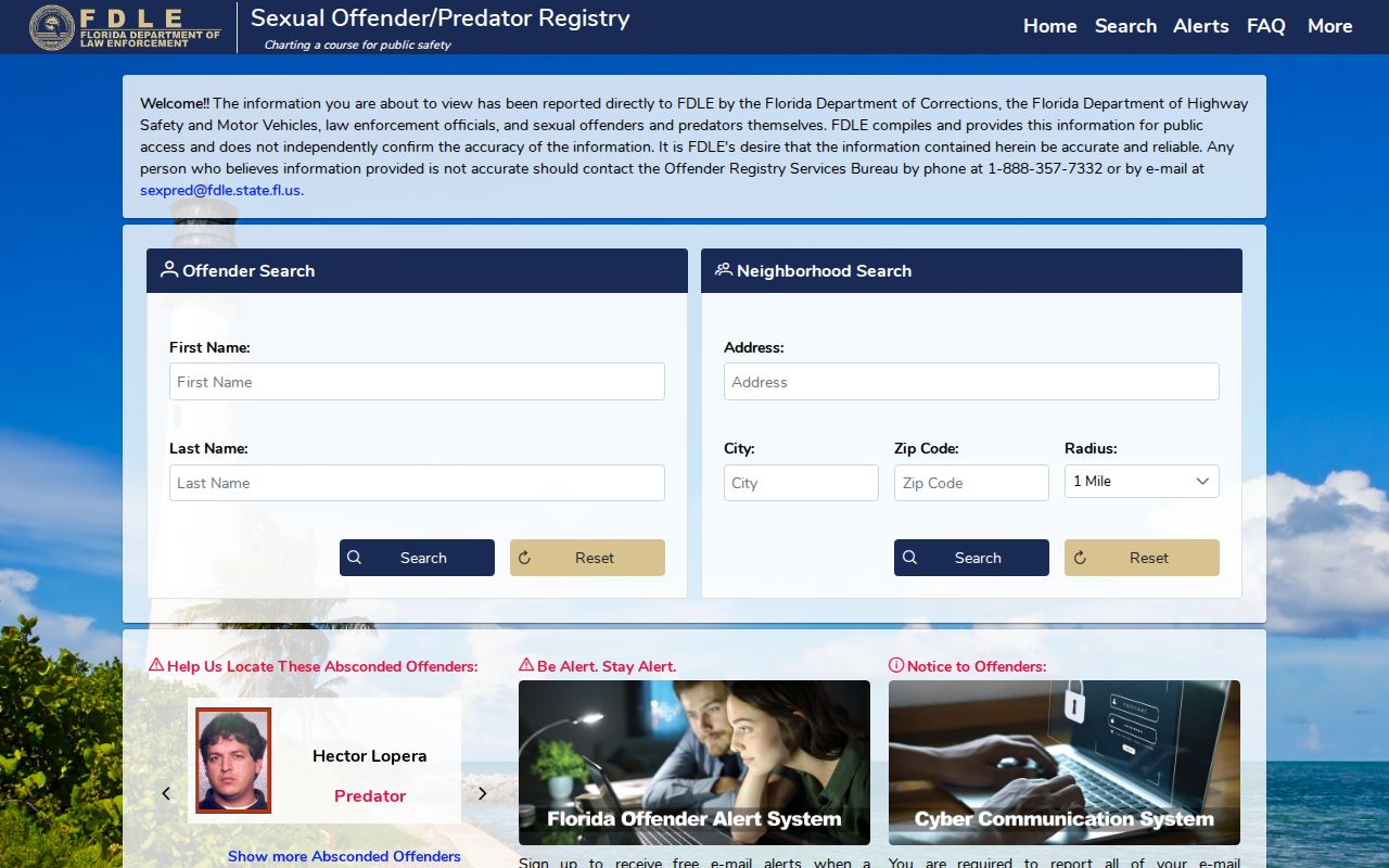 FDLE Florida Sexual Offender and Predator Search home screen